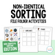 Non-Identical Sorting File Folder Activities cover featuring 10 printable tasks
