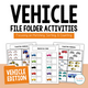 Vehicle Themed File Folder Activities cover featuring 12 printable activities