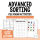 Advanced Sorting File Folder Activities cover featuring 11 complex sorting tasks