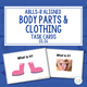 Body Parts & Clothing cover with ABLLS-R task codes and sample task cards