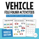 Vehicle Themed File Folder Activities SET 2 cover featuring 12 printable activities
