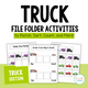 Truck Themed File Folder Activities cover featuring 12 printable activities