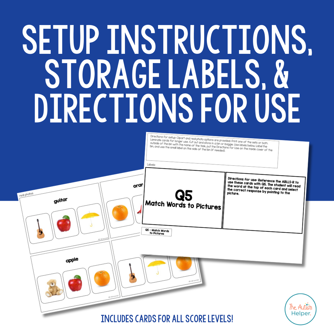 Match Word to Picture contents with storage labels, setup directions, and data sheets