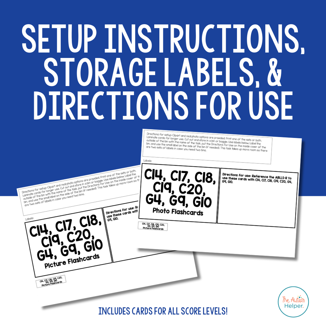 Picture & Photo Cards contents with storage labels, setup directions, and data sheets