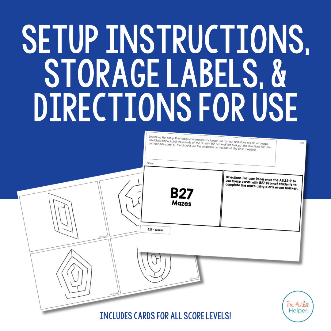 Maze contents with storage labels, setup directions, and data sheets