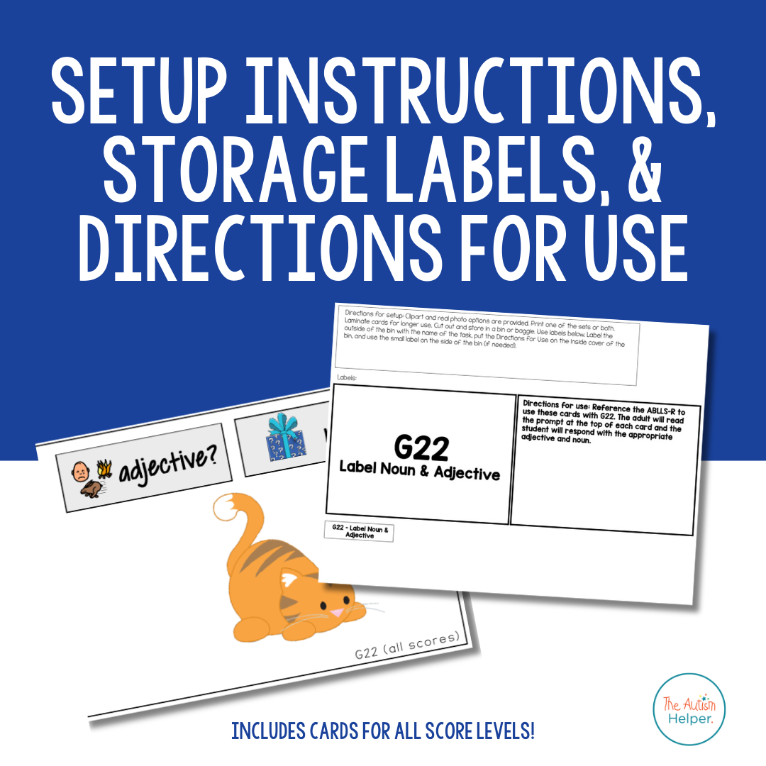 Noun + Verb and Noun + Adjective contents with storage labels, setup directions, and data sheets