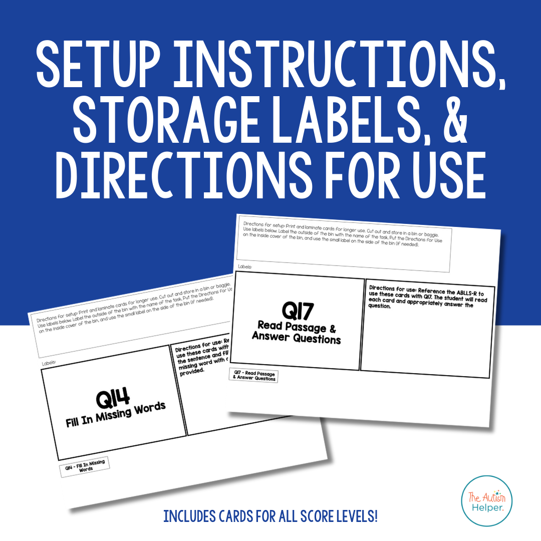 Reading Comprehension contents with storage labels, setup directions, and data sheets