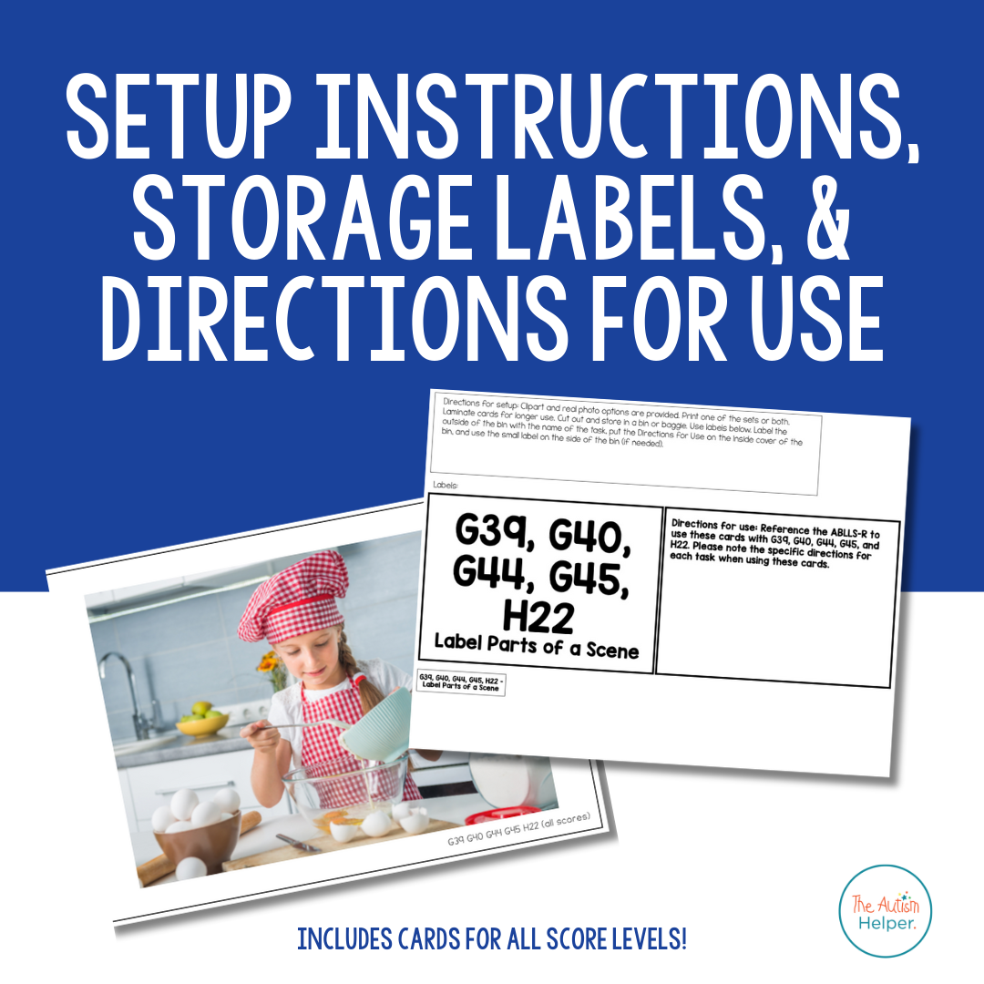 Parts of a Scene contents with storage labels, setup directions, and data sheets
