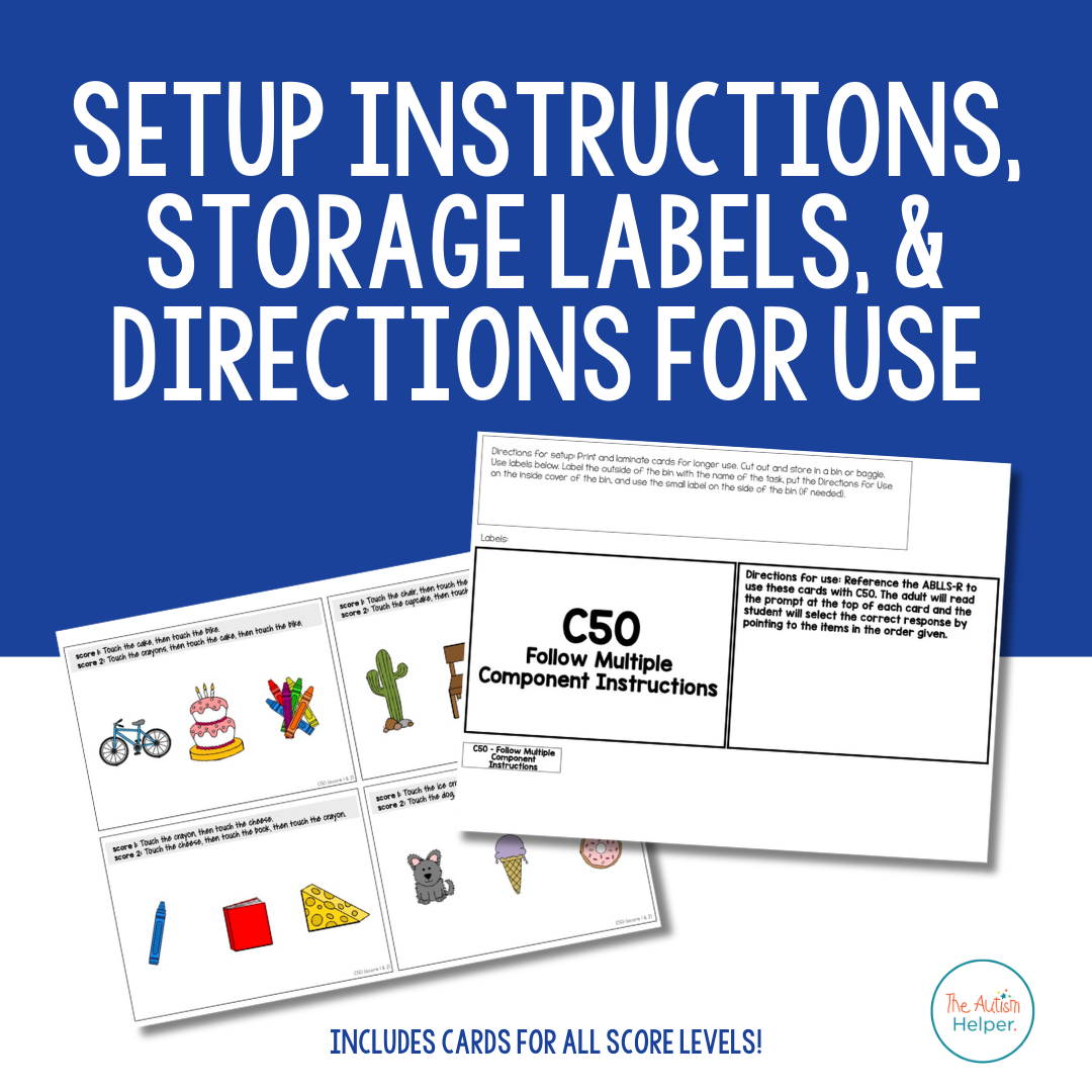 Following Directions contents with storage labels, setup directions, and data sheets