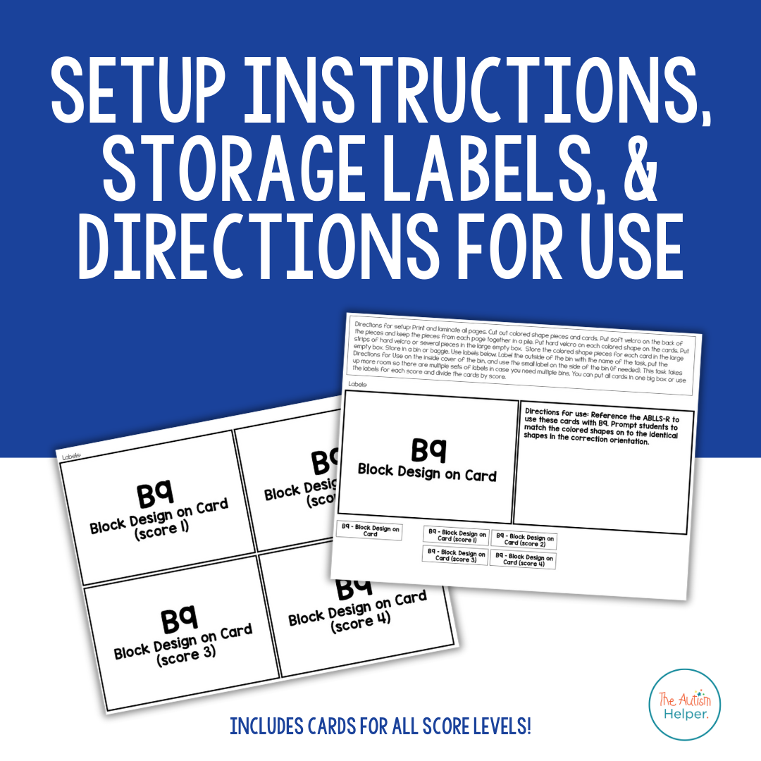Block Design contents with storage labels, setup directions, and data sheets