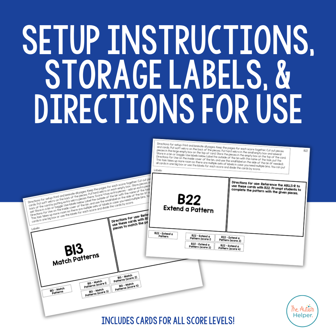 Pattern contents with storage labels, setup directions, and data sheets