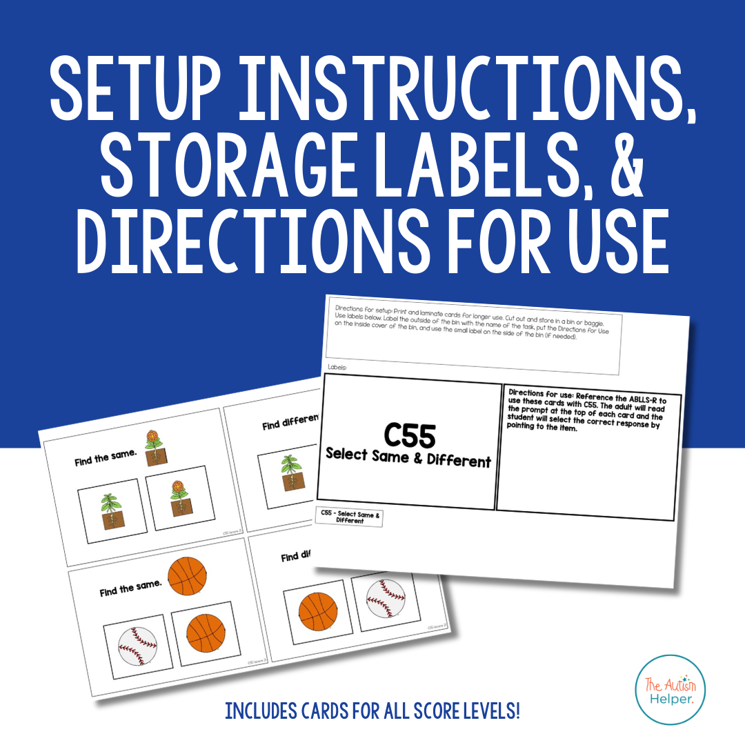 Same & Different contents with storage labels, setup directions, and data sheets