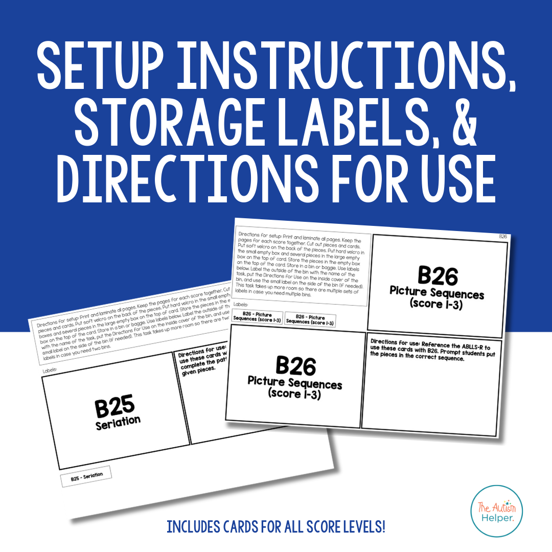 Seriation and Sequencing contents with storage labels, setup directions, and data sheets