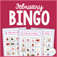 February Bingo: cover with Valentine-themed boards featuring hearts, flowers, cards, cupcakes, and candy