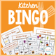 Kitchen Bingo: cover with kitchen picture boards and calling cards showing dishes, utensils, and appliances