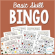 Basic Skills Bingo: cover showing color, number, and letter boards with calling cards for foundational skills