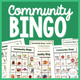 Community Bingo: cover with community-place boards, picture cards, descriptive clues, and colored counters