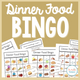 Dinner Food Bingo: cover with dinner food boards, picture cards, and colored counters for vocabulary practice