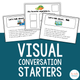 Visual Conversation Starters cover with 'Let's talk about...' topic cards and a 'My favorite vegetable is' choice board