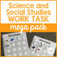Science and Social Studies Work Task Mega Pack cover with measurement and observation tools for special education