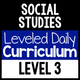 Social Studies Leveled Daily Curriculum Level 3 cover for government, economics, and history instruction