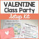 Valentine's Day Class Party Setup Kit: cover with a color-coded schedule, heart wreath activity plan, and envelope graphic