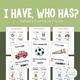 I Have, Who Has? Feature and Function Card Game: cover with jeep, soccer ball, and saw cards and illustrated clues