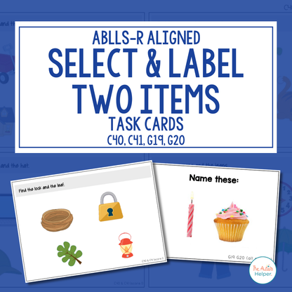 Select & Label Two Items Task Cards [ABLLS-R Aligned C40, C41, G19, G20]