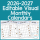 2026-2027 Editable Visual Monthly Calendars cover showing printable monthly calendars for autism and special education classrooms