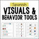 Spanish Visuals and Behavior Tools cover with an iPad social story, WH-question cards, and classroom labels, all in Spanish
