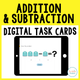 Addition and Subtraction Digital Task Cards: tablet showing subtraction with backpacks and three answer choices