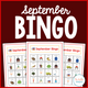 September Bingo: cover with school-and-fall boards showing backpacks, buses, leaves, books, and crayons