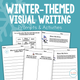 Winter-Themed Visual Writing Prompts cover with a cut-the-verbs page, a Winter Silly Stories prompt, and a make-a-list worksheet