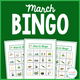 March Bingo: cover with St. Patrick's Day boards showing a rainbow, shamrock, coins, flag, and leprechaun