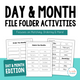 Day & Month File Folder Activities cover featuring 13 printable calendar tasks