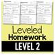 Leveled Homework Level 2: cover with sample weekly homework pages