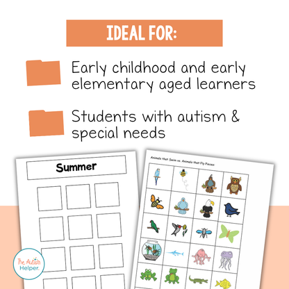 Advanced Sorting File Folder Activities with a summer mat and animal sorting pieces for early learners