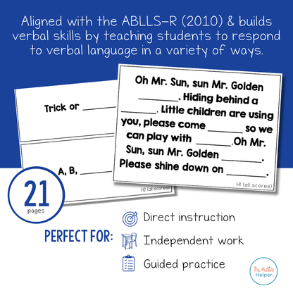 Basic Fill In Task Cards [ABLLS-R Aligned H1, H2, H4, H5, H6]