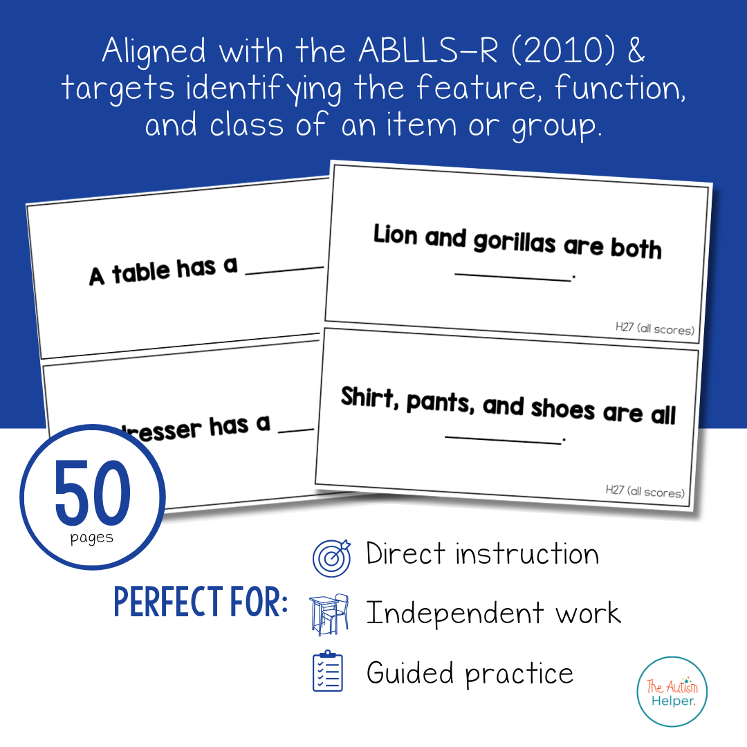 Feature Function Class Task Cards Fill In Feature, Function, and Class Task Cards [ABLLS-R Aligned to H ...