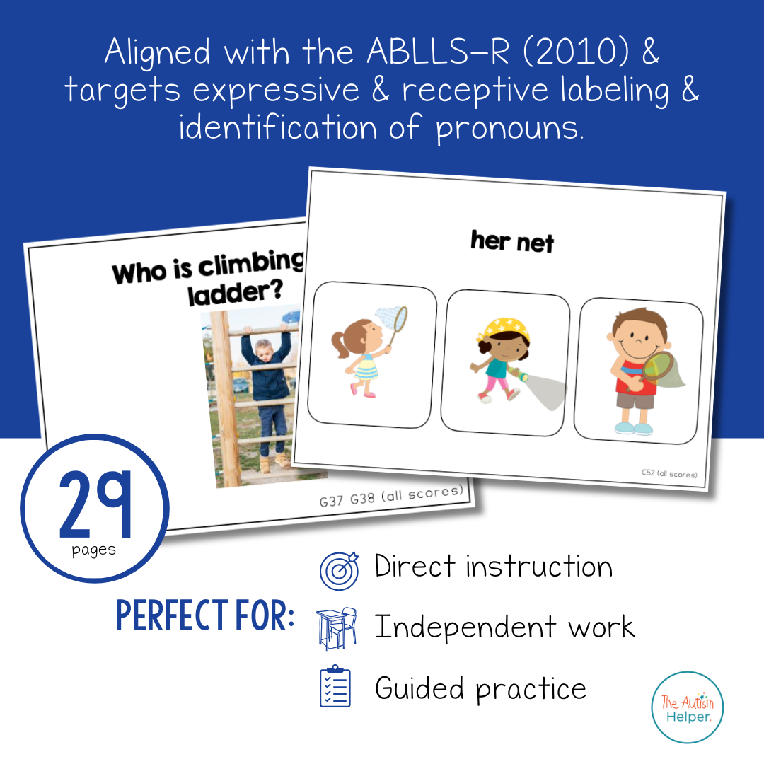 Pronoun Task Cards [ABLLS-R Aligned C52, G37, G38]