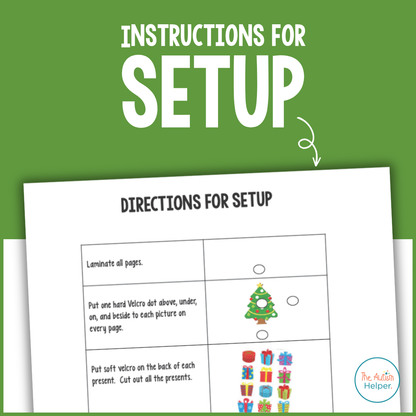 Christmas Adapted Book Series setup directions showing lamination, Velcro placement, and cutting out present pieces