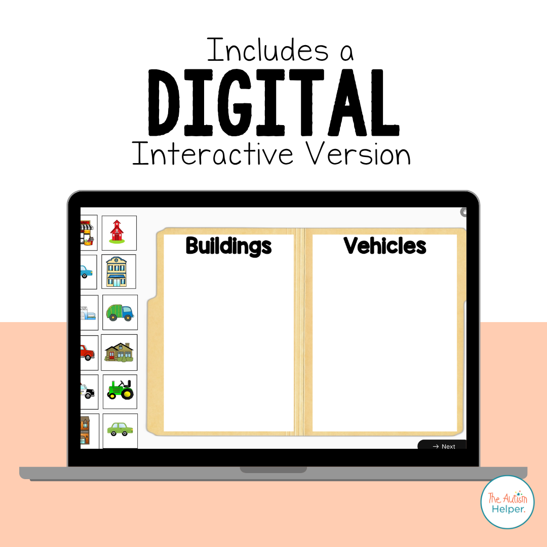 Advanced Sorting File Folder Activities digital interactive version sorting buildings and vehicles on a laptop