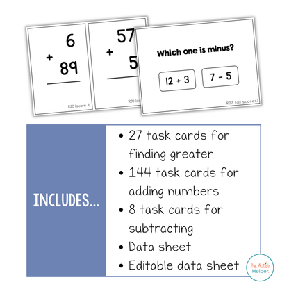 Add & Subtract Task Cards [ABLLS-R Aligned R17, R18, R20, R27, R28, R29]