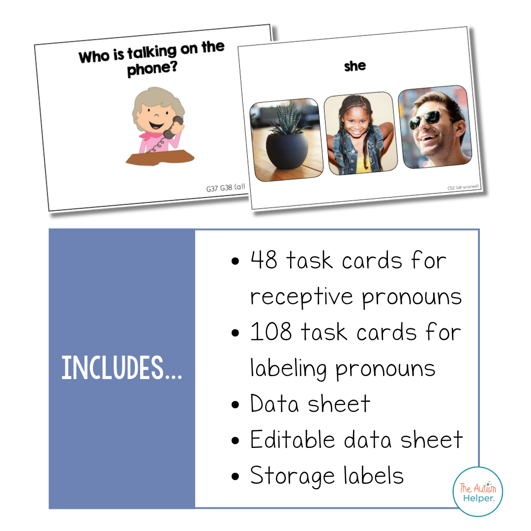 Pronoun Task Cards [ABLLS-R Aligned C52, G37, G38]