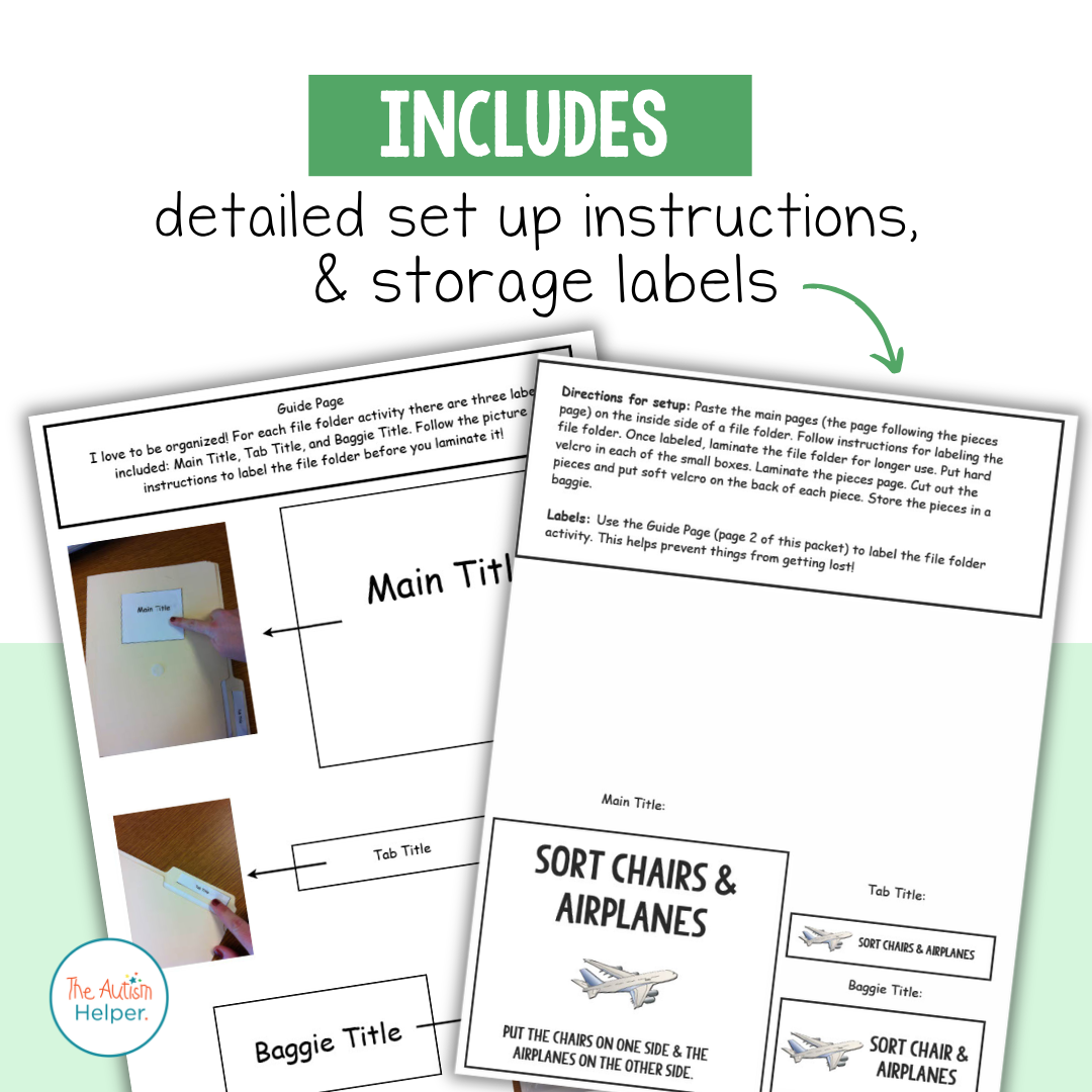 Setup instructions and storage labels for the printable file folder activities