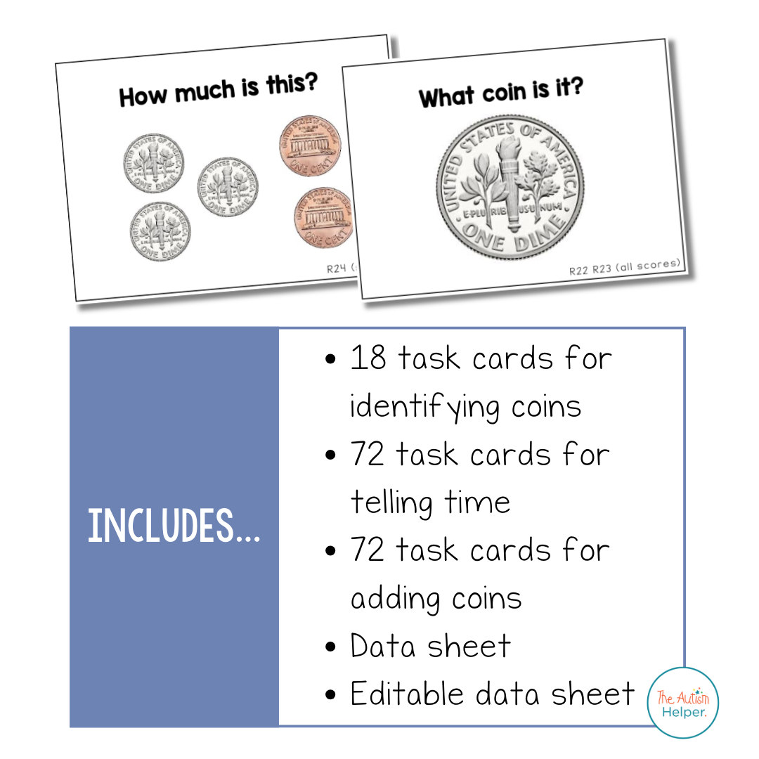 Time & Coin Task Cards [ABLLS-R Aligned R21, R22, R23, R24]