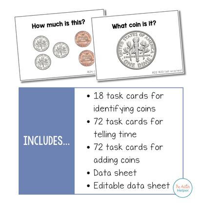 Time & Coin Task Cards [ABLLS-R Aligned R21, R22, R23, R24]