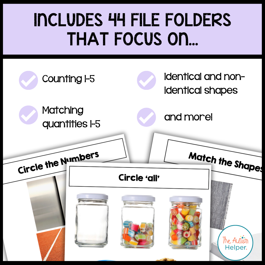 Functional Math file folder previews for counting, quantity matching, and shapes