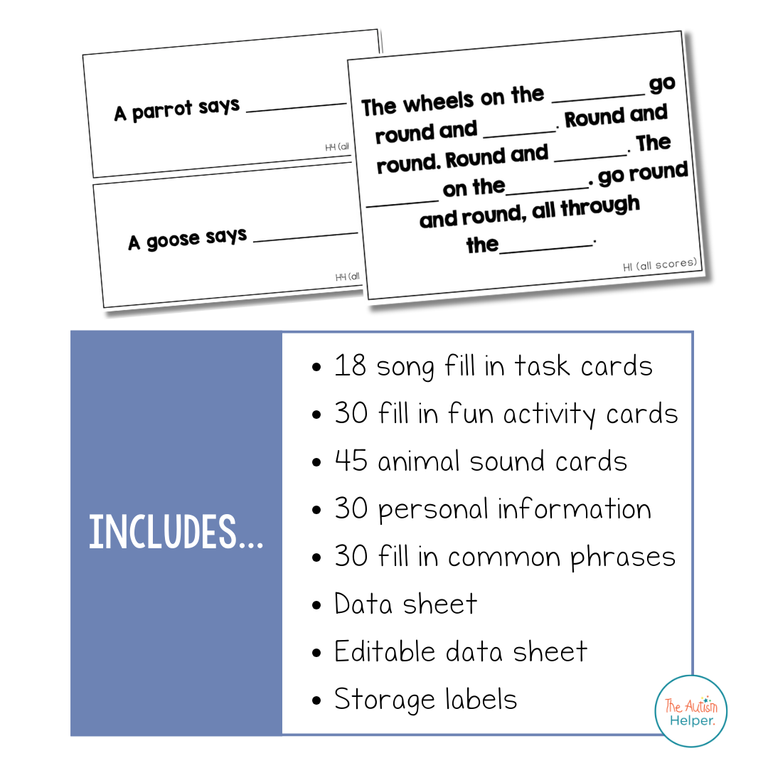 Basic Fill In Task Cards [ABLLS-R Aligned H1, H2, H4, H5, H6]