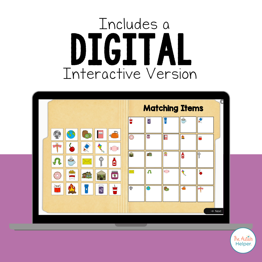 Complex Matching File Folder Activities digital version on a laptop with object cards and a matching grid